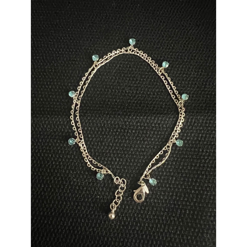 Avon Silver Tone Aqua Blue Rhinestone Double Strand Anklet 9.5-10.5 Inches
